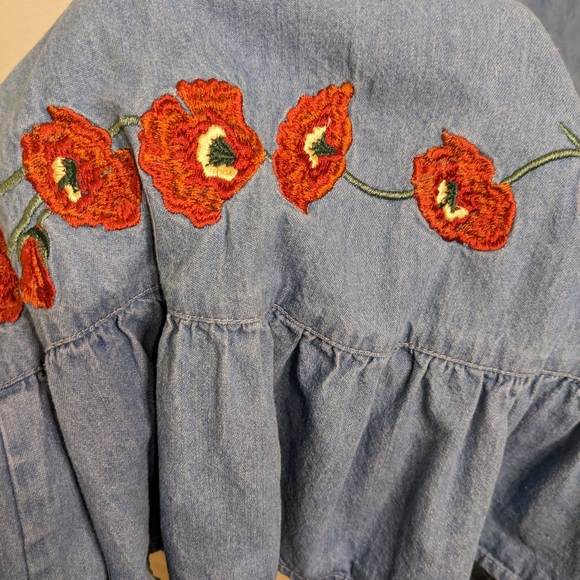 Nationals Embroidered denim Ruffle Midi Dress with flowers, ruching & pockets M - Picture 8 of 9